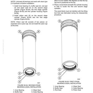 May include: Diagram illustrating cylinder assembly and disassembly, with detailed instructions and part labels. Figures 50-54 and 50-55 show bearing and seal installation. Text provides notes on lubrication and component identification.