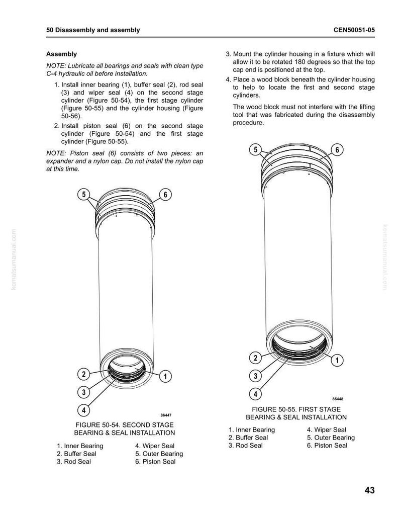 May include: Diagram illustrating cylinder assembly and disassembly, with detailed instructions and part labels. Figures 50-54 and 50-55 show bearing and seal installation. Text provides notes on lubrication and component identification.