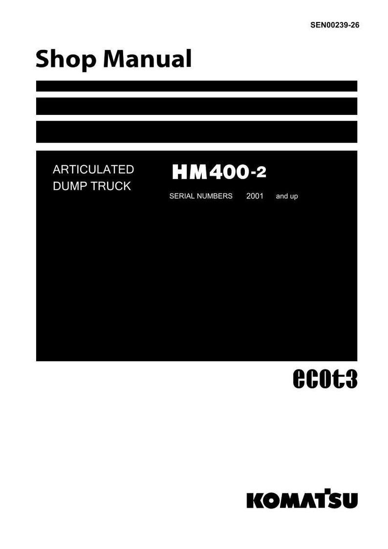 May include: A white manual titled "Shop Manual" with black text and a black background. The manual is for an articulated dump truck, model HM400-2, with serial numbers from 2001 and up. The Komatsu logo is at the bottom.