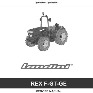 May include: A service manual cover featuring a detailed illustration of a tractor. The tractor is gray and black, with large tires. The text "ARGOTRACTORS" and "Quality Work. Quality Life." are at the top. The text "Landini" and "REX F-GT-GE" are also visible.