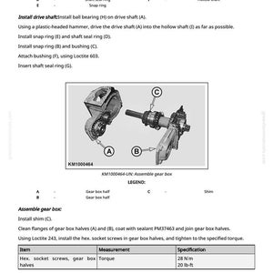 May include: Diagram of a gear box assembly with labeled parts and instructions. Includes a legend with part names and a table with torque specifications of 28 N'm or 20 lb-ft. The image is from a greentractormanuals.com manual.