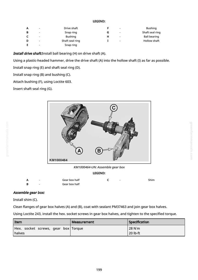 May include: Diagram of a gear box assembly with labeled parts and instructions. Includes a legend with part names and a table with torque specifications of 28 N'm or 20 lb-ft. The image is from a greentractormanuals.com manual.