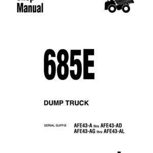 May include: A shop manual with the text "Shop Manual" at the top. The number "685E" is prominently displayed, with "DUMP TRUCK" below it. The Komatsu logo is at the bottom, and the serial suffix is listed.