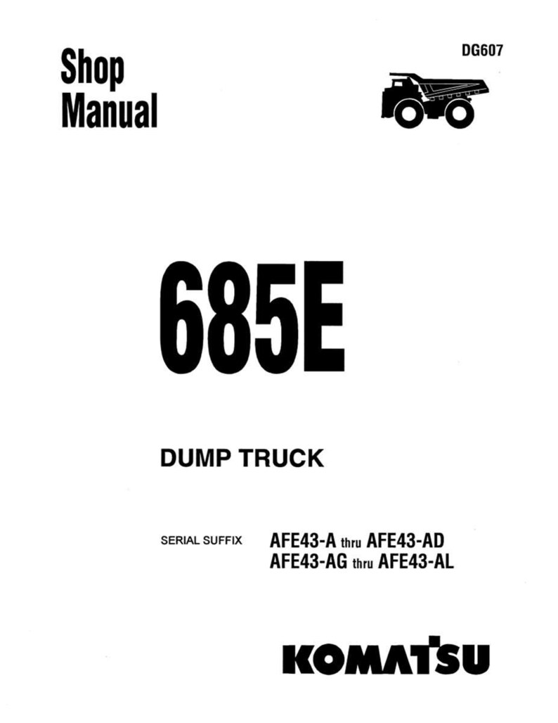 May include: A shop manual with the text "Shop Manual" at the top. The number "685E" is prominently displayed, with "DUMP TRUCK" below it. The Komatsu logo is at the bottom, and the serial suffix is listed.