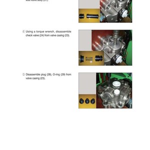 May include: Diagram of mechanical components with text instructions. The image shows steps for disassembling parts using a torque wrench. Components include plugs, O-rings, and valve casings. The text reads: "Using a torque wrench, disassemble plug..."