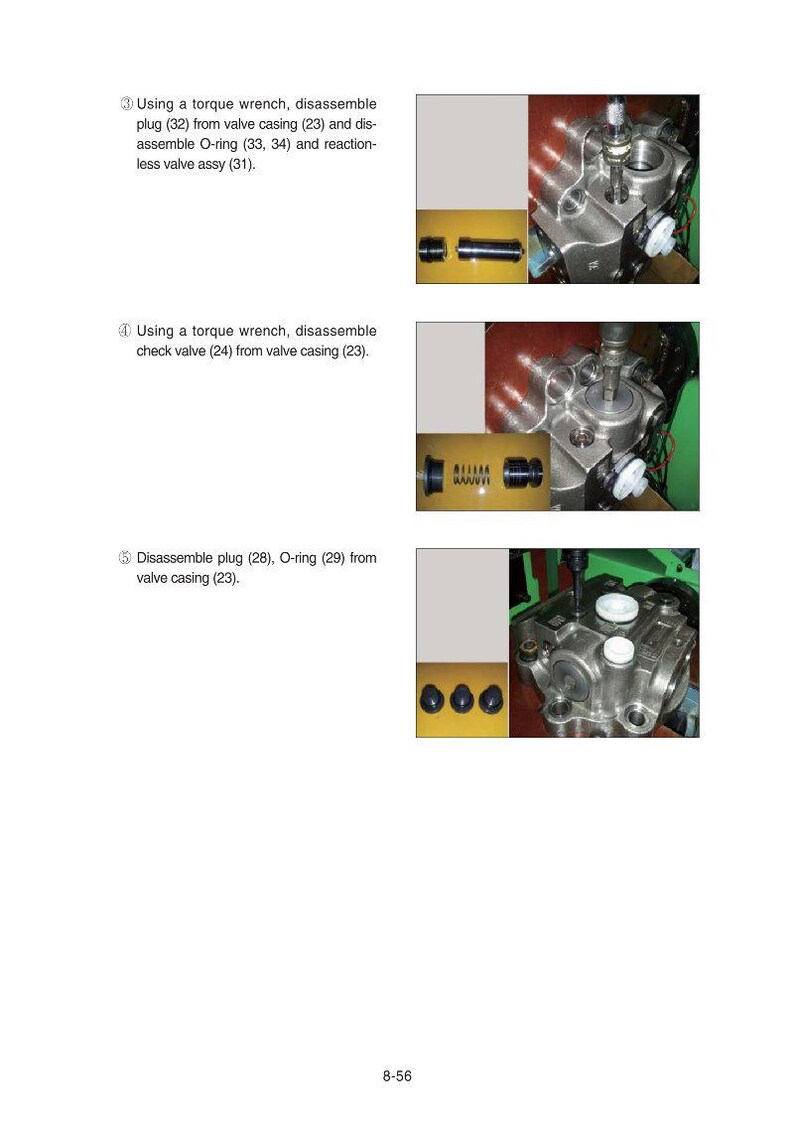 May include: Diagram of mechanical components with text instructions. The image shows steps for disassembling parts using a torque wrench. Components include plugs, O-rings, and valve casings. The text reads: "Using a torque wrench, disassemble plug..."