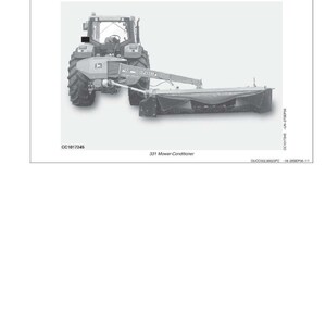 May include: An illustration of a John Deere tractor with a 331 Mower-Conditioner attached. The image is a technical diagram, labeled with text including "Identification View" and "CC1017245". The mower is black and gray.