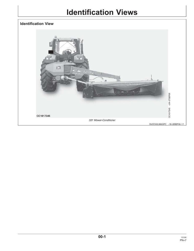 May include: An illustration of a John Deere tractor with a 331 Mower-Conditioner attached. The image is a technical diagram, labeled with text including "Identification View" and "CC1017245". The mower is black and gray.