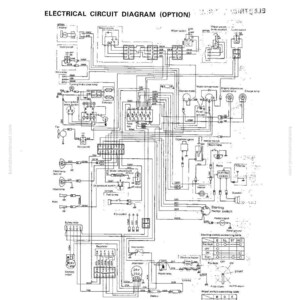 May include: A detailed black and white electrical circuit diagram labeled "Electrical Circuit Diagram (Option)". The diagram includes various components, wiring, and text labels, such as "Starting motor switch" and "Wiper switch". The diagram is for the PC300-2 model.