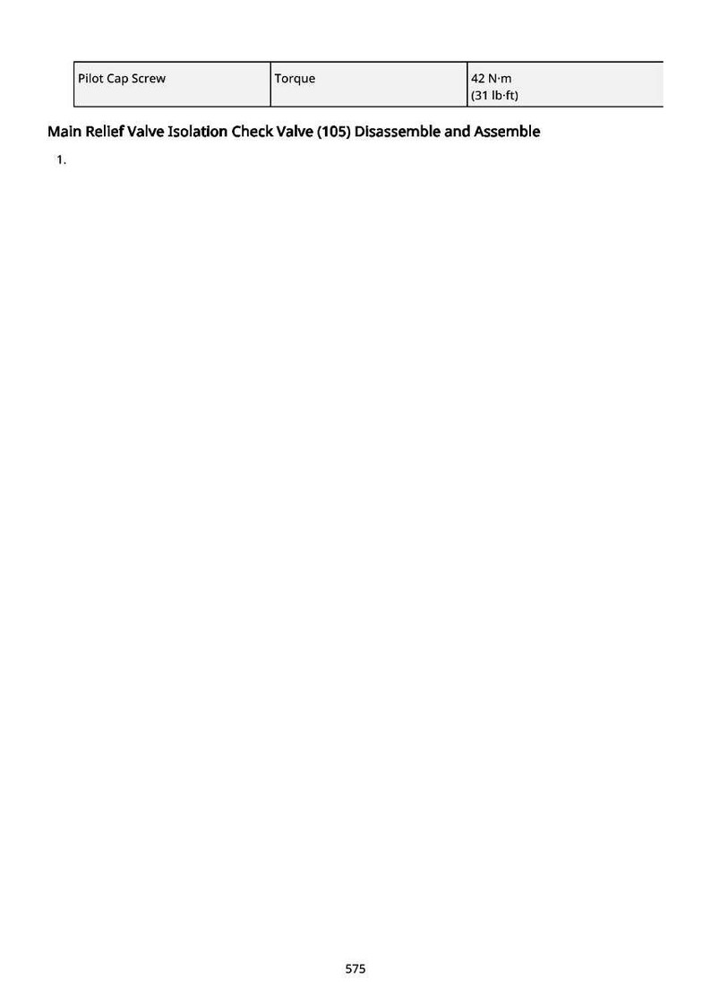 Puede incluir: Documento blanco con texto que detalla las especificaciones de par del tornillo de la tapa piloto, que se enumeran como 42 N-m (4,3 kg-m). El documento tambi&eacute;n incluye instrucciones para desmontar y montar la v&aacute;lvula de retenci&oacute;n de aislamiento de la v&aacute;lvula de alivio principal (105).