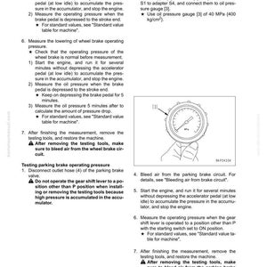 K&ouml;nnte beinhalten: Technisches Diagramm zur Pr&uuml;fung und Einstellung des Bremsdrucks. Enth&auml;lt Anweisungen zur Messung des Betriebsdrucks und zum Entl&uuml;ften der Bremsanlage. Mit einem Manometer, das den Druck in MPa anzeigt.