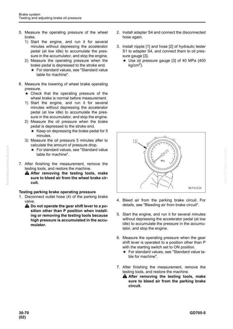 K&ouml;nnte beinhalten: Technisches Diagramm zur Pr&uuml;fung und Einstellung des Bremsdrucks. Enth&auml;lt Anweisungen zur Messung des Betriebsdrucks und zum Entl&uuml;ften der Bremsanlage. Mit einem Manometer, das den Druck in MPa anzeigt.