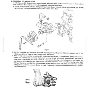 May include: A detailed diagram illustrating the assembly of a water pump, with individual parts shown in an exploded view. The image features text instructions and diagrams, including figures 34 and 35, for maintenance and repair. The diagram is in black and white.