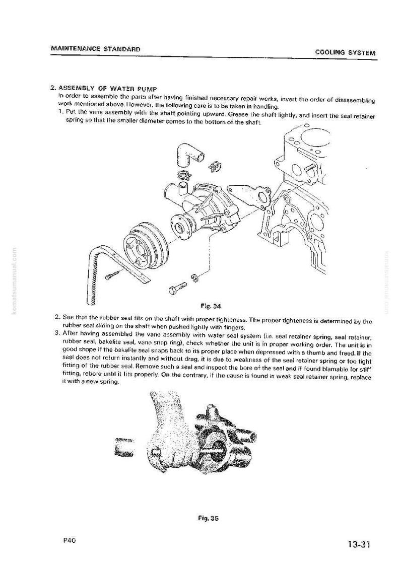 May include: A detailed diagram illustrating the assembly of a water pump, with individual parts shown in an exploded view. The image features text instructions and diagrams, including figures 34 and 35, for maintenance and repair. The diagram is in black and white.