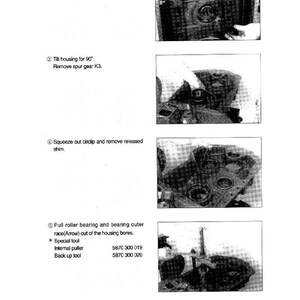 May include: Technical diagram with step-by-step instructions for mechanical assembly. The image shows close-up views of components, including a housing, gears, and bearings. Text instructions are included, such as "Tilt housing for 90&deg;" and "Remove spur gear K3."