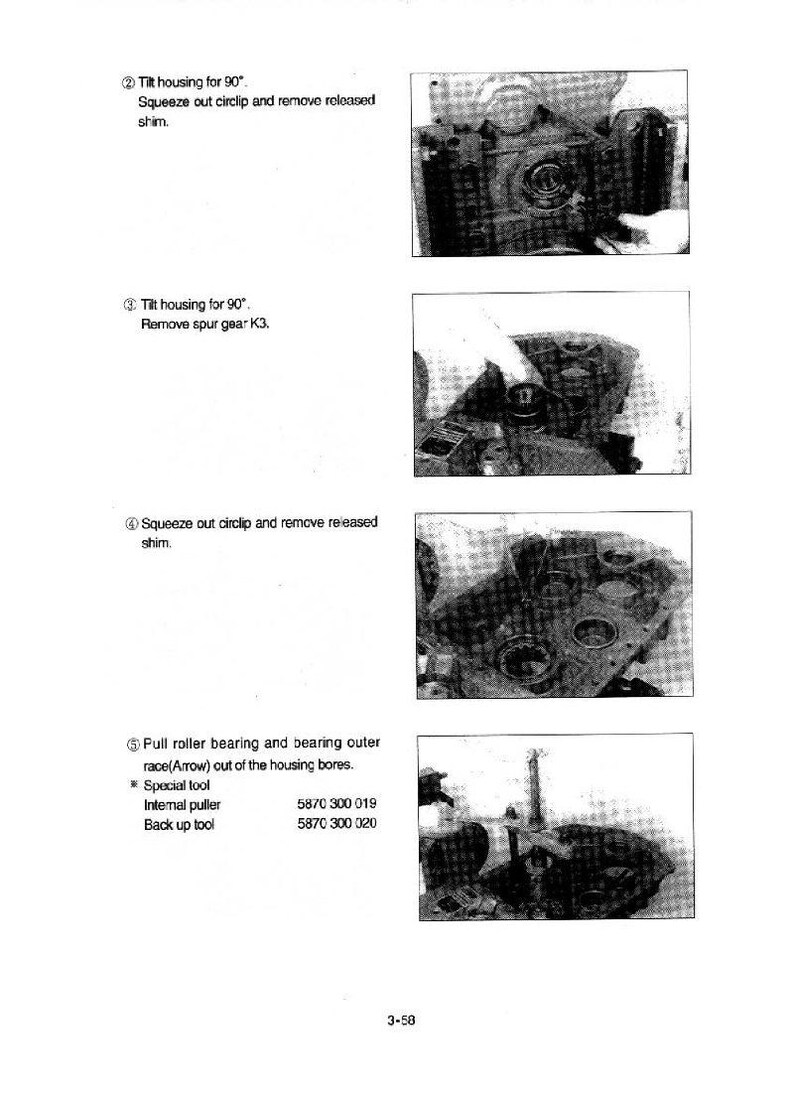 May include: Technical diagram with step-by-step instructions for mechanical assembly. The image shows close-up views of components, including a housing, gears, and bearings. Text instructions are included, such as "Tilt housing for 90&deg;" and "Remove spur gear K3."