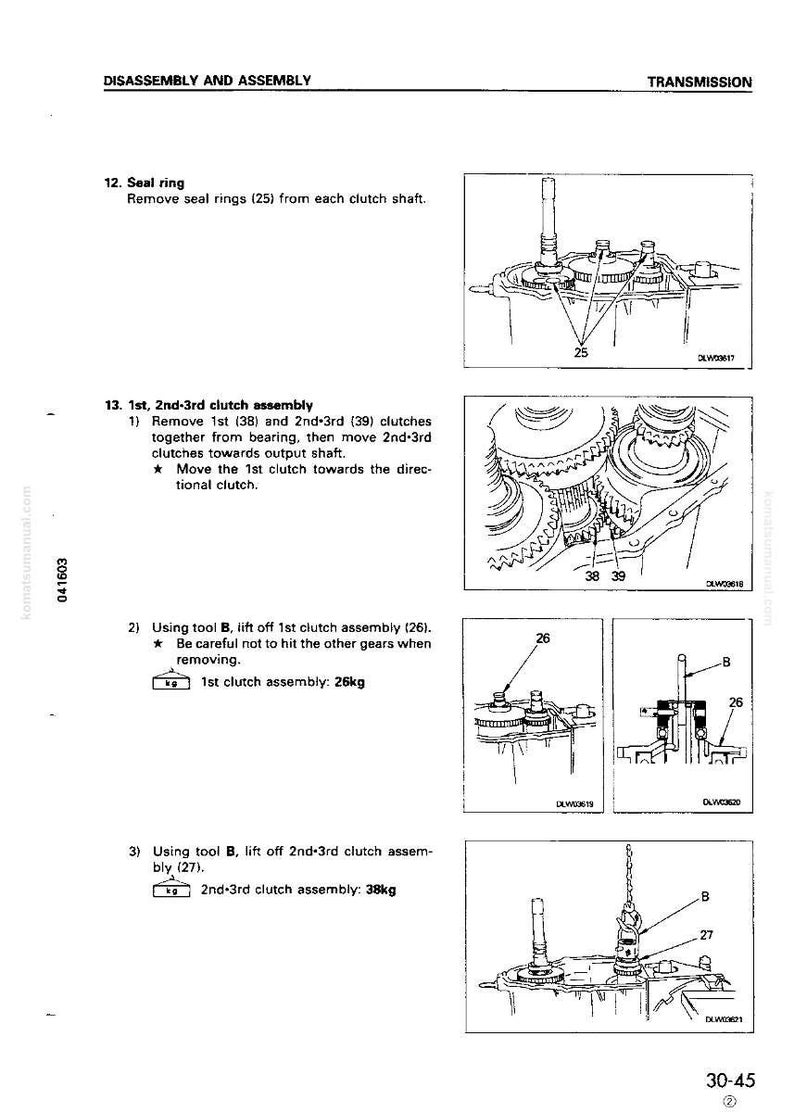 May include: Diagram from a manual showing the disassembly and assembly of a transmission. Includes illustrations of seal rings, clutch assemblies, and tools. Text indicates the weight of the assemblies in kilograms.