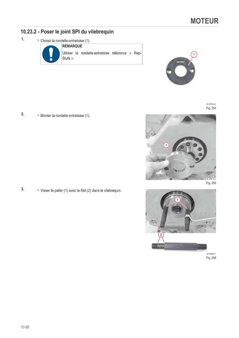 Op de afbeelding: Diagram van de montagestappen van een motor. Bevat een cirkelvormig onderdeel met gaten, een diagram van de installatie en een diagram van het inschroeven. Tekst in het Frans.