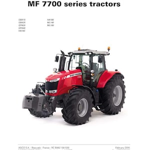K&ouml;nnte beinhalten: Ein roter Massey Ferguson MF 7700 Traktor mit gro&szlig;en schwarzen Reifen wird gezeigt. Der Traktor hat eine Kabine mit Fenstern und steht vor einem wei&szlig;en Hintergrund. Das Bild stammt aus einem Werkstatthandbuch.
