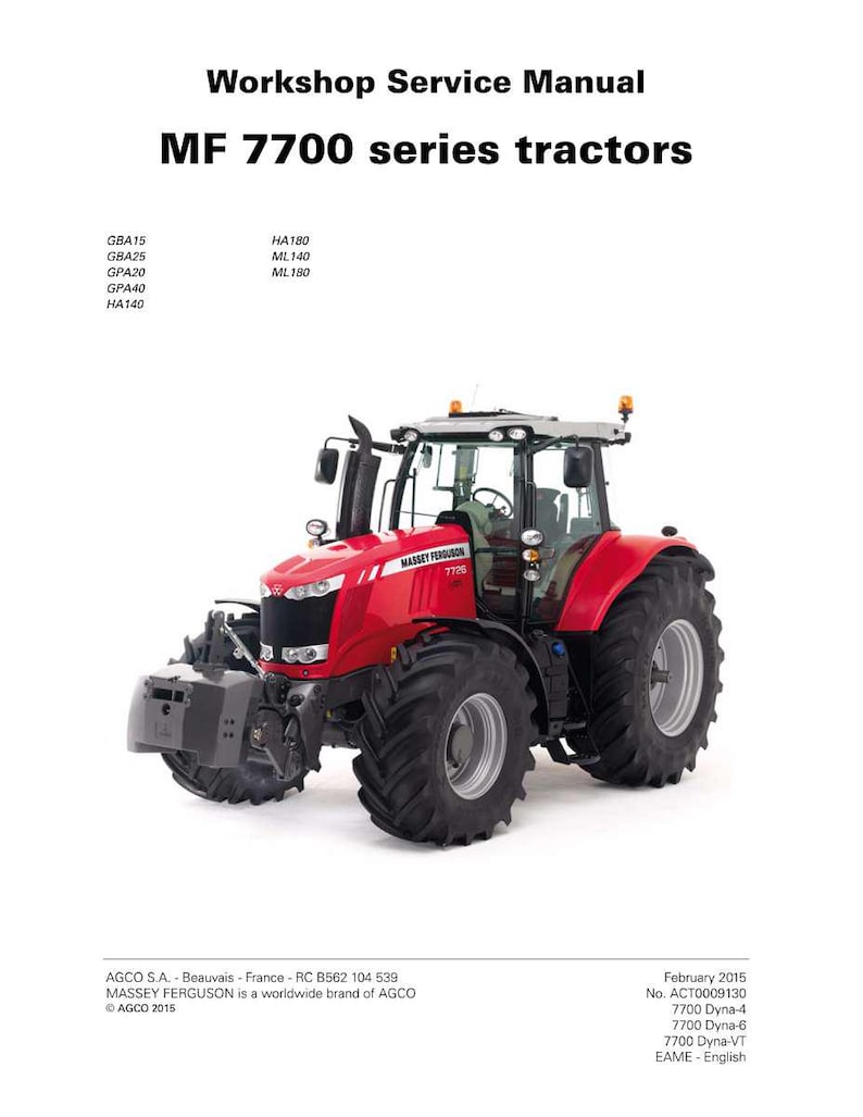 K&ouml;nnte beinhalten: Ein roter Massey Ferguson MF 7700 Traktor mit gro&szlig;en schwarzen Reifen wird gezeigt. Der Traktor hat eine Kabine mit Fenstern und steht vor einem wei&szlig;en Hintergrund. Das Bild stammt aus einem Werkstatthandbuch.