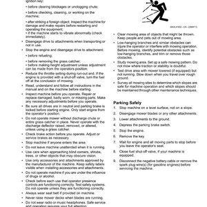 May include: A page from a lawnmower safety manual, detailing operational and parking safety procedures. Includes a diagram of a person mowing and a list of safety precautions. Text is black on a white background.