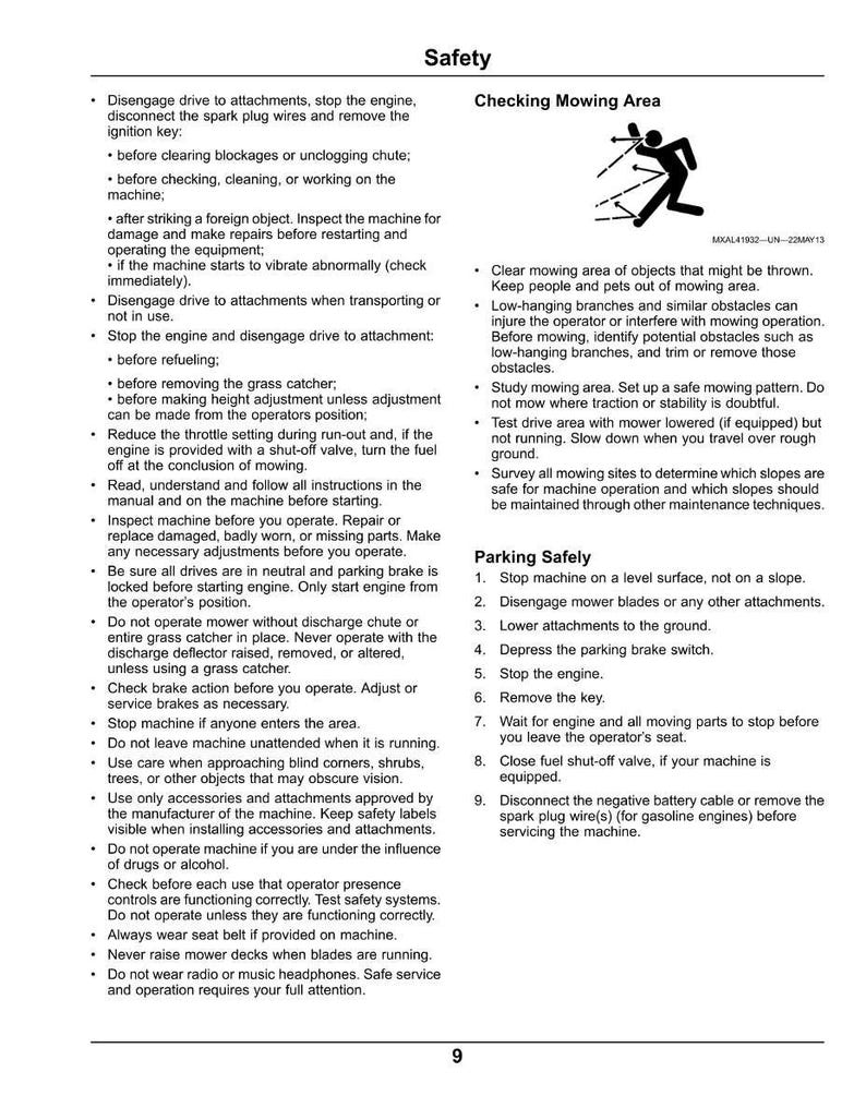 May include: A page from a lawnmower safety manual, detailing operational and parking safety procedures. Includes a diagram of a person mowing and a list of safety precautions. Text is black on a white background.