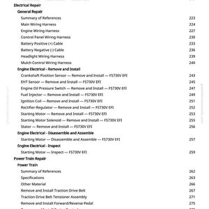 K&ouml;nnte beinhalten: Eine Seite aus einem Handbuch mit einem detaillierten Inhaltsverzeichnis. Abschnitte umfassen "Elektrische Reparatur", "Motor Elektrik" und "Antriebsstrang Reparatur". Die Seitenzahlen sind rechts ausgerichtet.