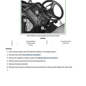 K&ouml;nnte beinhalten: Diagramm zum Aus- und Einbau des Instrumentenbretts, Lenkrads und Gashebels. Enth&auml;lt eine detaillierte Ansicht der Komponenten, gekennzeichnet mit A bis E, sowie eine Schritt-f&uuml;r-Schritt-Anleitung zur Demontage.