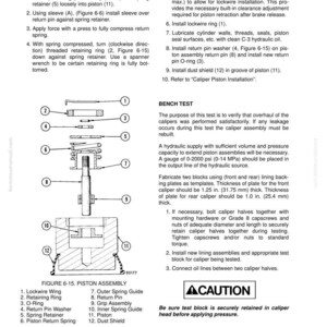 May include: Diagram of a piston assembly with labeled parts, including a lockwire wing, retaining ring, O-ring, and spring retainer. Instructions and a bench test procedure are also included. The text reads "Assembly of Piston Assembly."