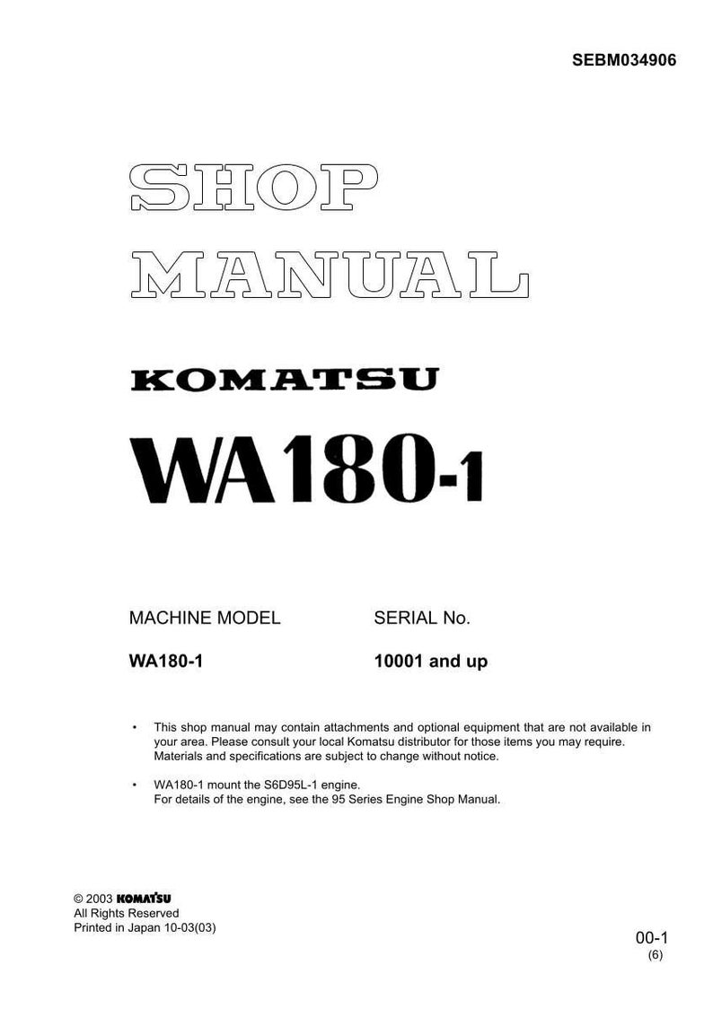 Może przedstawiać: Biała instrukcja warsztatowa z tekstem "SHOP MANUAL" i "KOMATSU WA180-1". Instrukcja zawiera informacje o modelu maszyny i numerze seryjnym. Widoczne jest logo Komatsu. Instrukcja jest wydrukowana w Japonii.