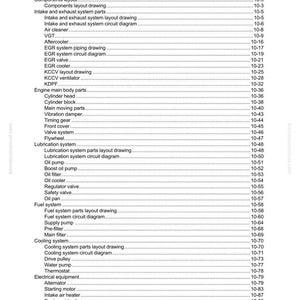 May include: A detailed table of contents from a manual, listing sections on engine structure, fuel systems, and electrical components. The text is black on a white background, with page numbers on the right.