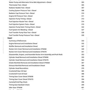 May include: A page from a diesel engine repair manual, listing various tests, adjustments, and repair procedures. The text includes topics like "Cylinder Compression Test," "Fuel Injection Nozzle Test," and "Crankshaft Rear Oil Seal." The page number is 6.