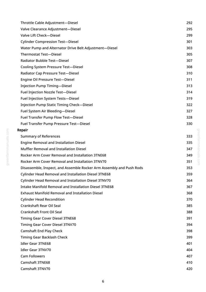 May include: A page from a diesel engine repair manual, listing various tests, adjustments, and repair procedures. The text includes topics like "Cylinder Compression Test," "Fuel Injection Nozzle Test," and "Crankshaft Rear Oil Seal." The page number is 6.