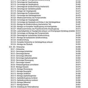 May include: A detailed table of contents in German, listing various mechanical procedures with corresponding page numbers. The document covers topics like dismantling and assembling components of a machine, including the main drive, axles, and hydraulics.
