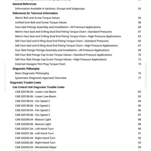 May include: A page from a manual with a white background, featuring a table of contents with various technical references and diagnostic trouble codes. The text includes safety instructions and component details.