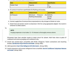 Puede incluir: Una p&aacute;gina de manual que detalla el proceso de lavado de un evaporador a trav&eacute;s de una v&aacute;lvula de expansi&oacute;n. Incluye instrucciones, mediciones y especificaciones para la presi&oacute;n del aire y la capacidad del tanque de lavado, con una nota sobre el tiempo de purga.