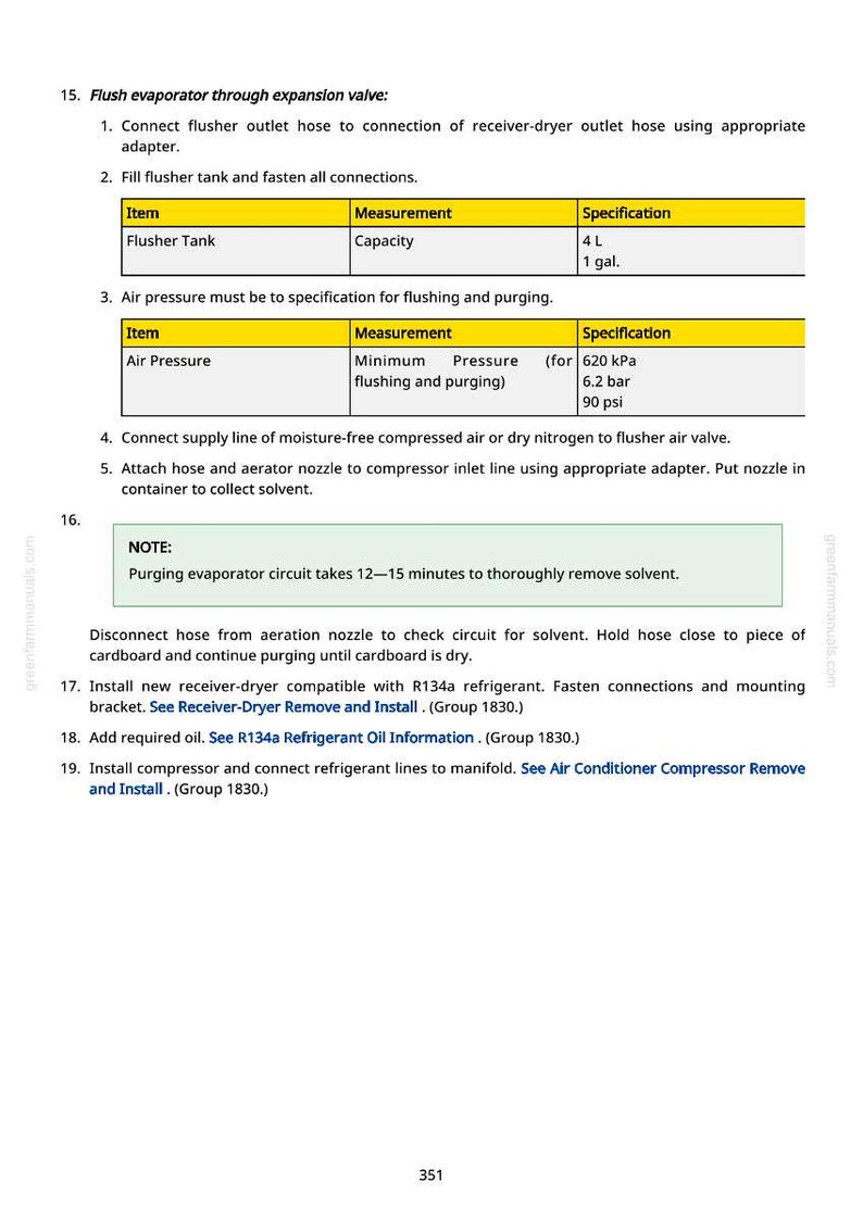 Puede incluir: Una p&aacute;gina de manual que detalla el proceso de lavado de un evaporador a trav&eacute;s de una v&aacute;lvula de expansi&oacute;n. Incluye instrucciones, mediciones y especificaciones para la presi&oacute;n del aire y la capacidad del tanque de lavado, con una nota sobre el tiempo de purga.