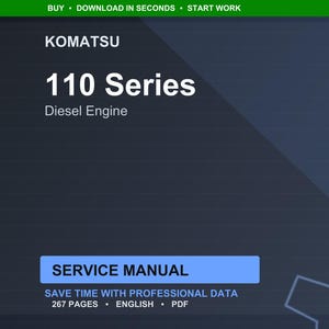 Puede incluir: Imagen digital de un manual de servicio Komatsu 110 Series Diesel Engine. El t&iacute;tulo est&aacute; en texto blanco grande, con el logotipo de Komatsu en la parte superior. La portada del manual es azul oscuro con un rect&aacute;ngulo azul claro que dice "SERVICE MANUAL".