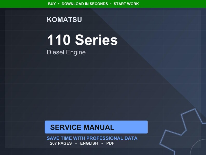 Puede incluir: Imagen digital de un manual de servicio Komatsu 110 Series Diesel Engine. El t&iacute;tulo est&aacute; en texto blanco grande, con el logotipo de Komatsu en la parte superior. La portada del manual es azul oscuro con un rect&aacute;ngulo azul claro que dice "SERVICE MANUAL".