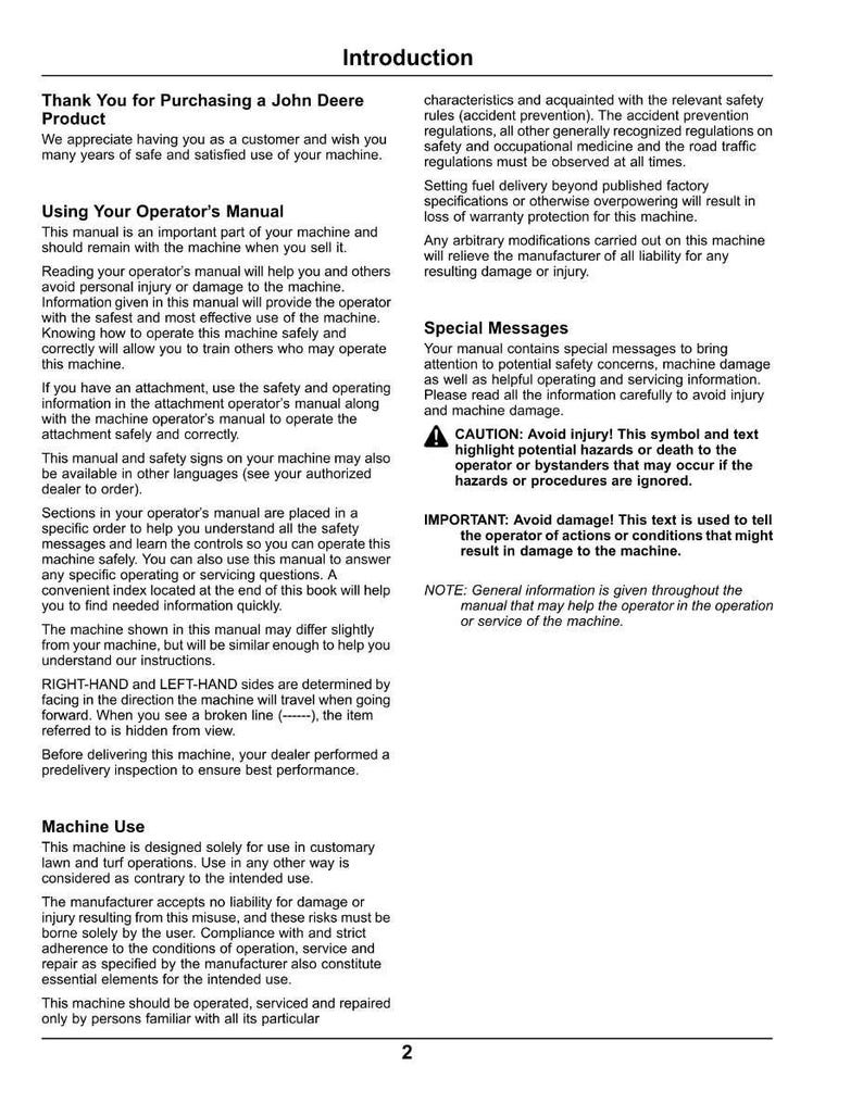 May include: A page from a John Deere operator's manual, featuring the "Introduction" section. The text includes safety warnings, instructions for machine use, and important messages. The page is white with black text and a small graphic.