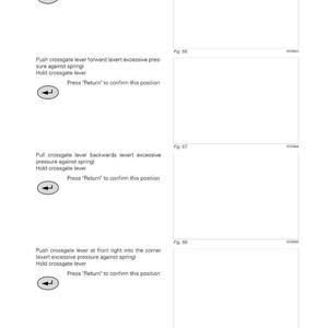 Op de afbeelding: Een pagina uit een Fendt tractormanual met instructies voor de kruishendelbediening. De tekst bevat stappen zoals "Kruishendel naar links duwen" en "Druk op 'Return' om dit te bevestigen".