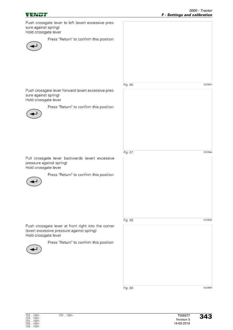 Op de afbeelding: Een pagina uit een Fendt tractormanual met instructies voor de kruishendelbediening. De tekst bevat stappen zoals "Kruishendel naar links duwen" en "Druk op 'Return' om dit te bevestigen".