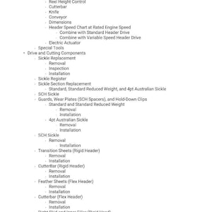 May include: A list of agricultural equipment components and their associated maintenance procedures. The text includes terms like "Rigid Headers," "Cutterbar," "Sickle Replacement," and "Installation." The image is a detailed guide for machinery maintenance.
