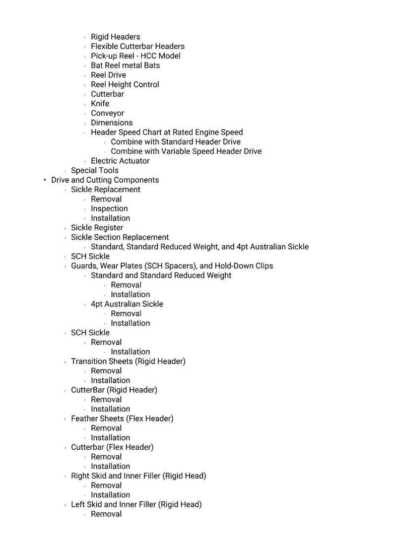 May include: A list of agricultural equipment components and their associated maintenance procedures. The text includes terms like "Rigid Headers," "Cutterbar," "Sickle Replacement," and "Installation." The image is a detailed guide for machinery maintenance.