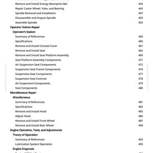 May include: A white page from a greenfarmmanuals.com manual, listing mower repair topics. Topics include removing belts, installing components, and engine diagnostics. Page numbers are listed on the right.