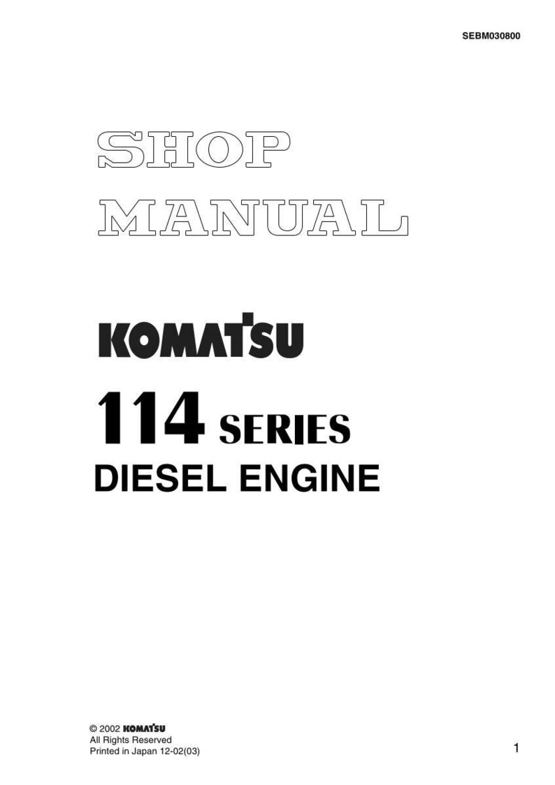 May include: A white page with the text "SHOP MANUAL" in a hollow font. Below, the KOMATSU logo is displayed, followed by "114 SERIES DIESEL ENGINE" in a bold, black font. The document is a shop manual.