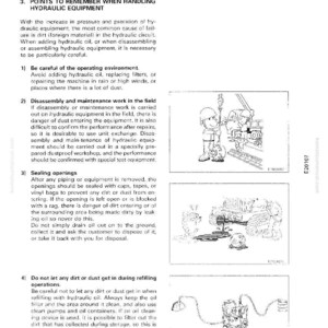 May include: A page from a troubleshooting manual with the title "Points to Remember When Handling Hydraulic Equipment." The text provides instructions and diagrams for maintaining hydraulic systems, including illustrations of machinery and workers.