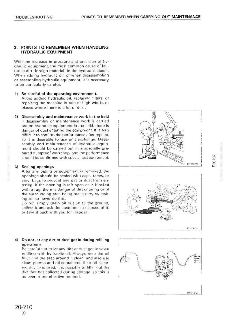 May include: A page from a troubleshooting manual with the title "Points to Remember When Handling Hydraulic Equipment." The text provides instructions and diagrams for maintaining hydraulic systems, including illustrations of machinery and workers.
