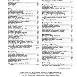 May include: A detailed table of contents from an equipment manual, listing safety, operation, and maintenance topics. The document includes sections on fire prevention, safety signs, and attaching/detaching components.