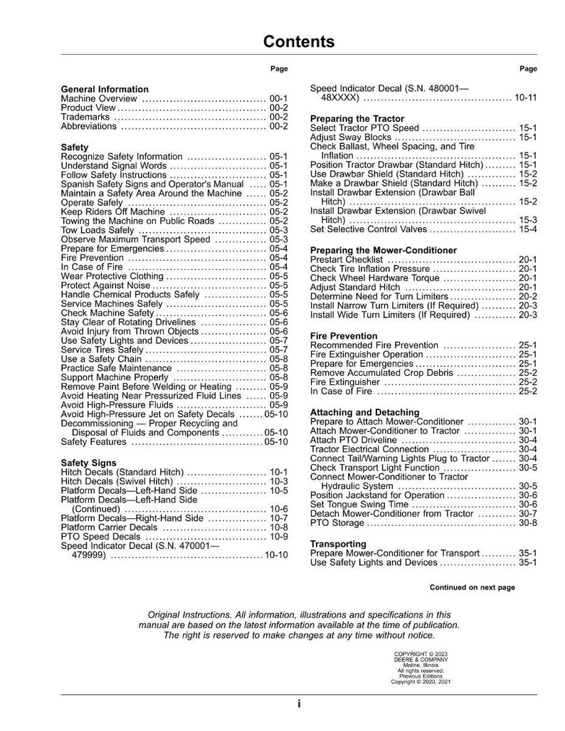 May include: A detailed table of contents from an equipment manual, listing safety, operation, and maintenance topics. The document includes sections on fire prevention, safety signs, and attaching/detaching components.